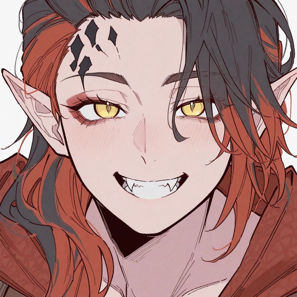 pointy ears, smile, solo, multicolored hair, yellow eyes, black hair · Yamete.gg