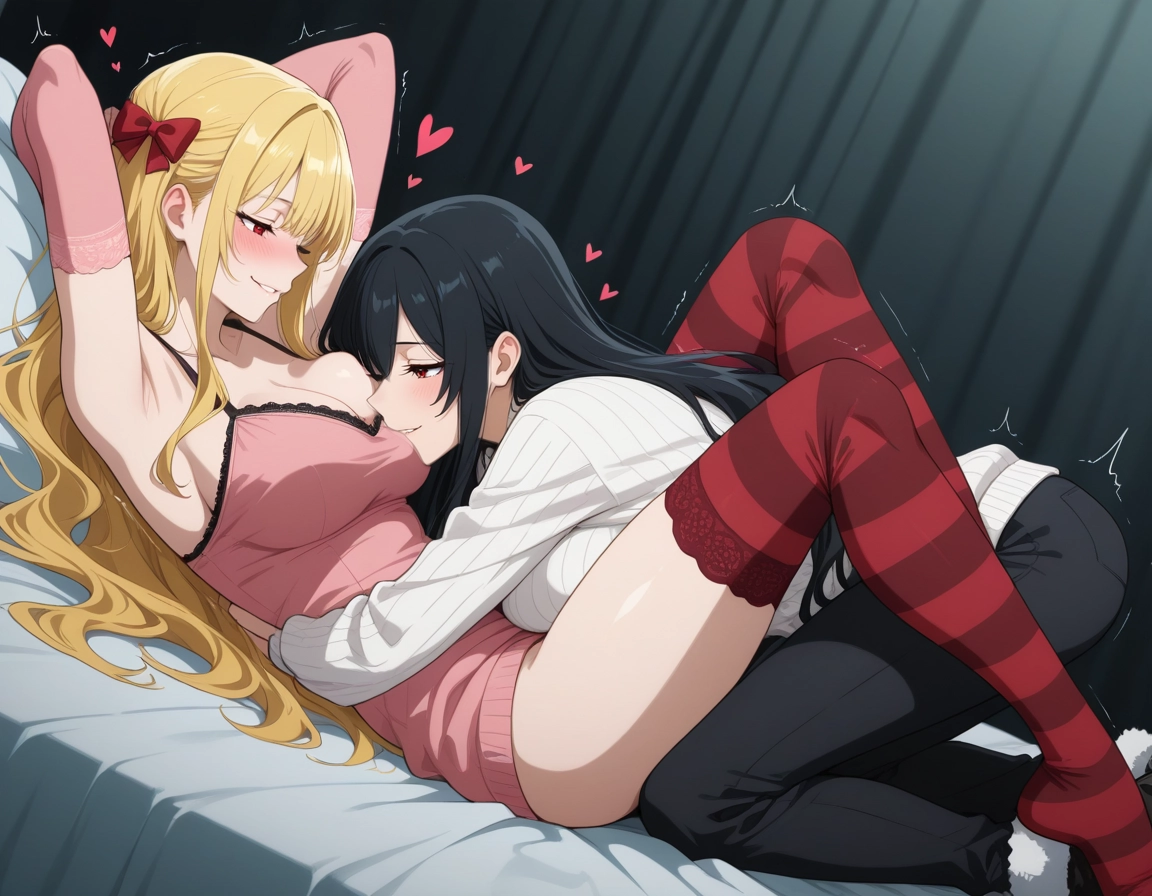 multiple girls, 2girls, breasts, red eyes, thighhighs, yuri