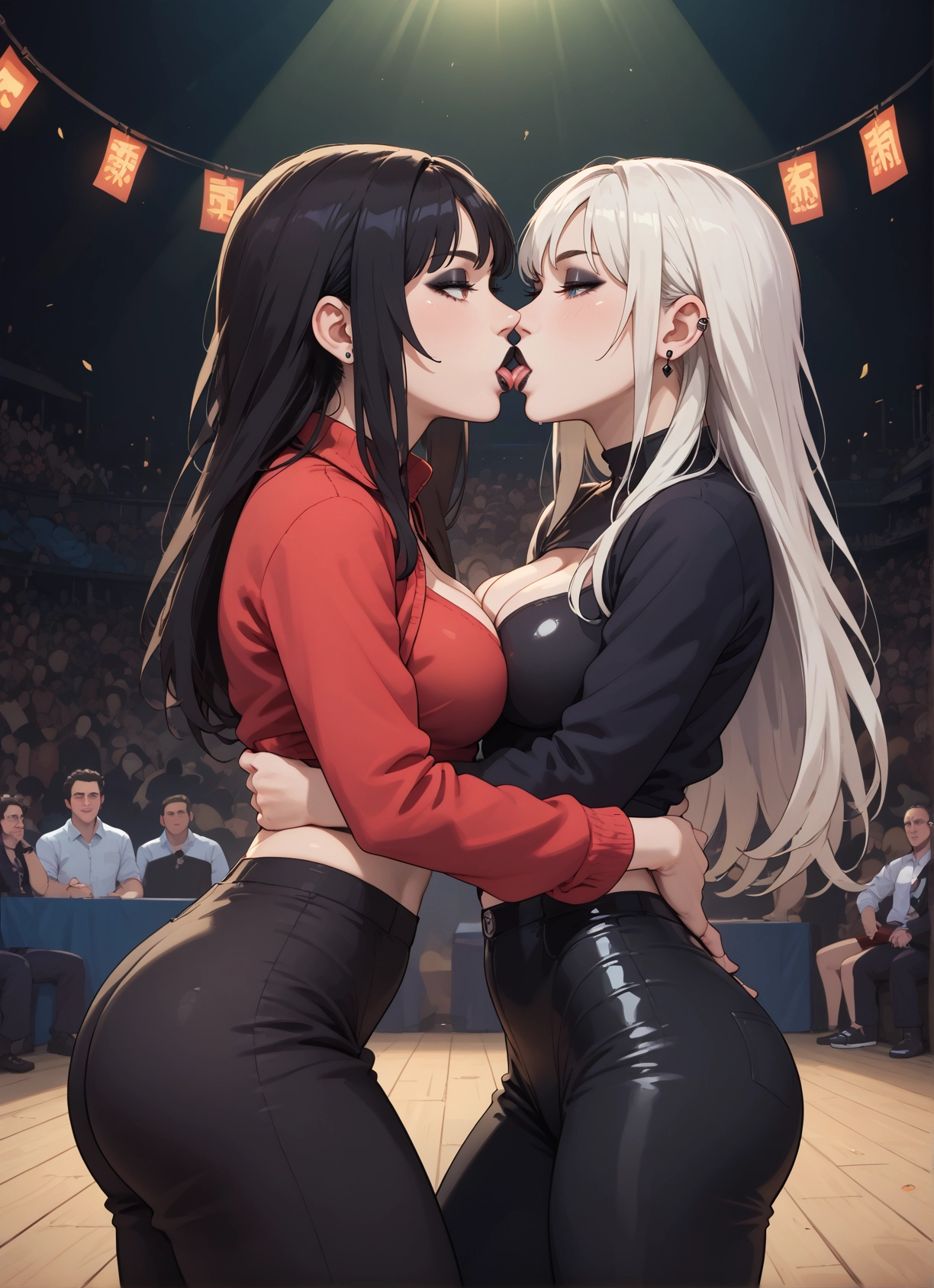 breasts, multiple girls, 2girls, kiss, black hair, jewelry · Yamete.gg