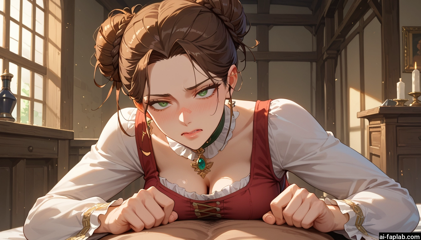 1girl, breasts, green eyes, 1boy, blush, cleavage · Yamete.gg