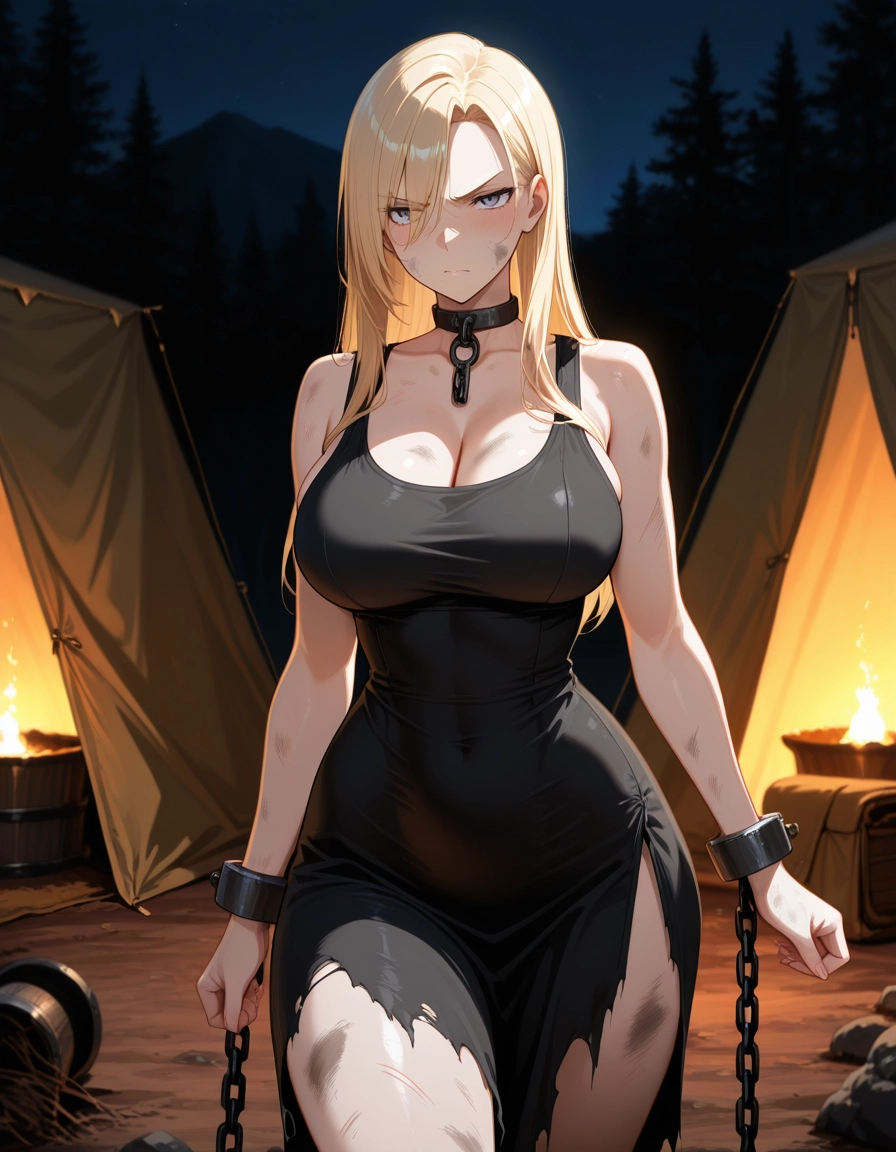 1girl, breasts, blonde hair, dress, black dress, torn clothes · Yamete.gg