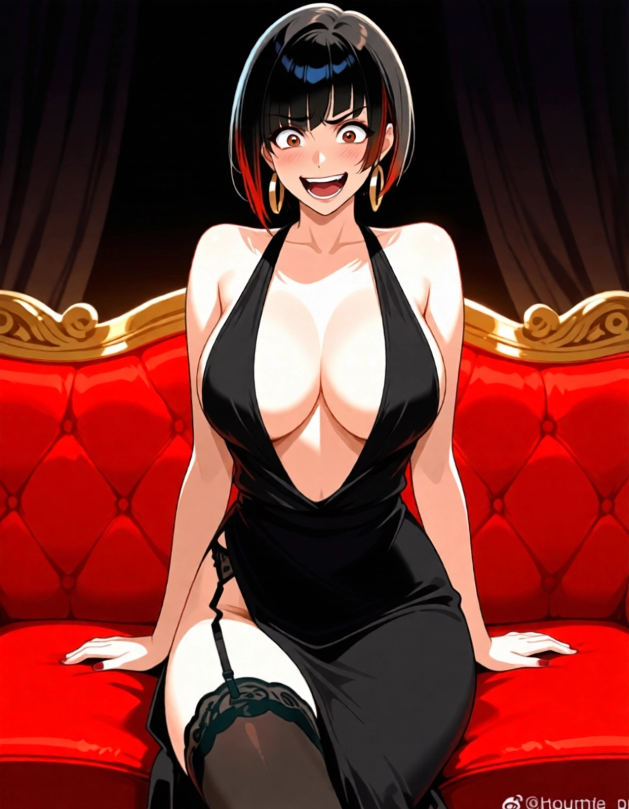 1girl, breasts, black hair, dress, jewelry, earrings · Yamete.gg