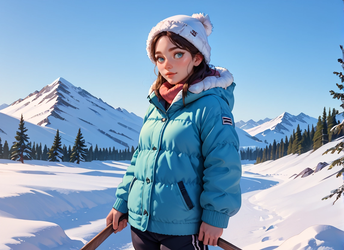 1girl, solo, snow, blue eyes, hat, brown hair