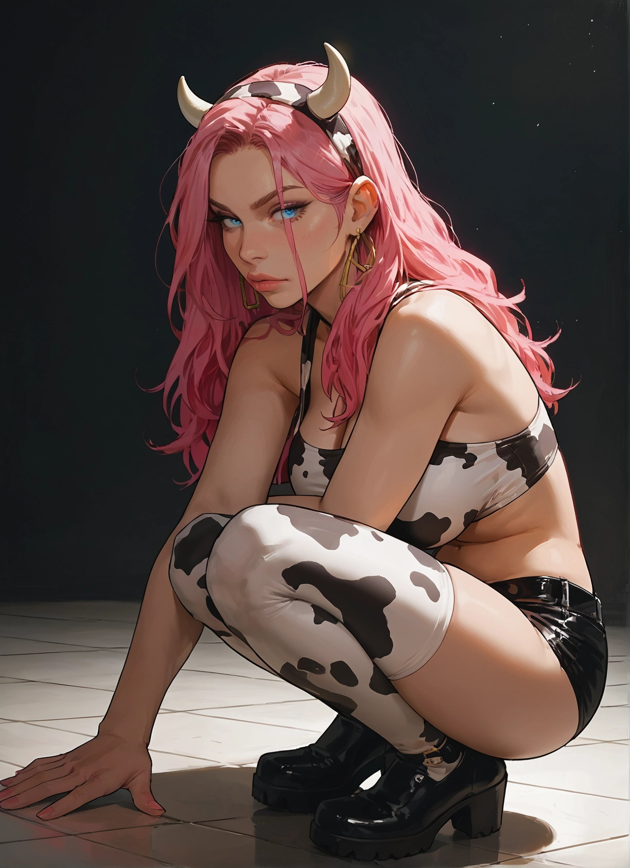 1girl, pink hair, horns, animal print, jewelry, cow print · Yamete.gg
