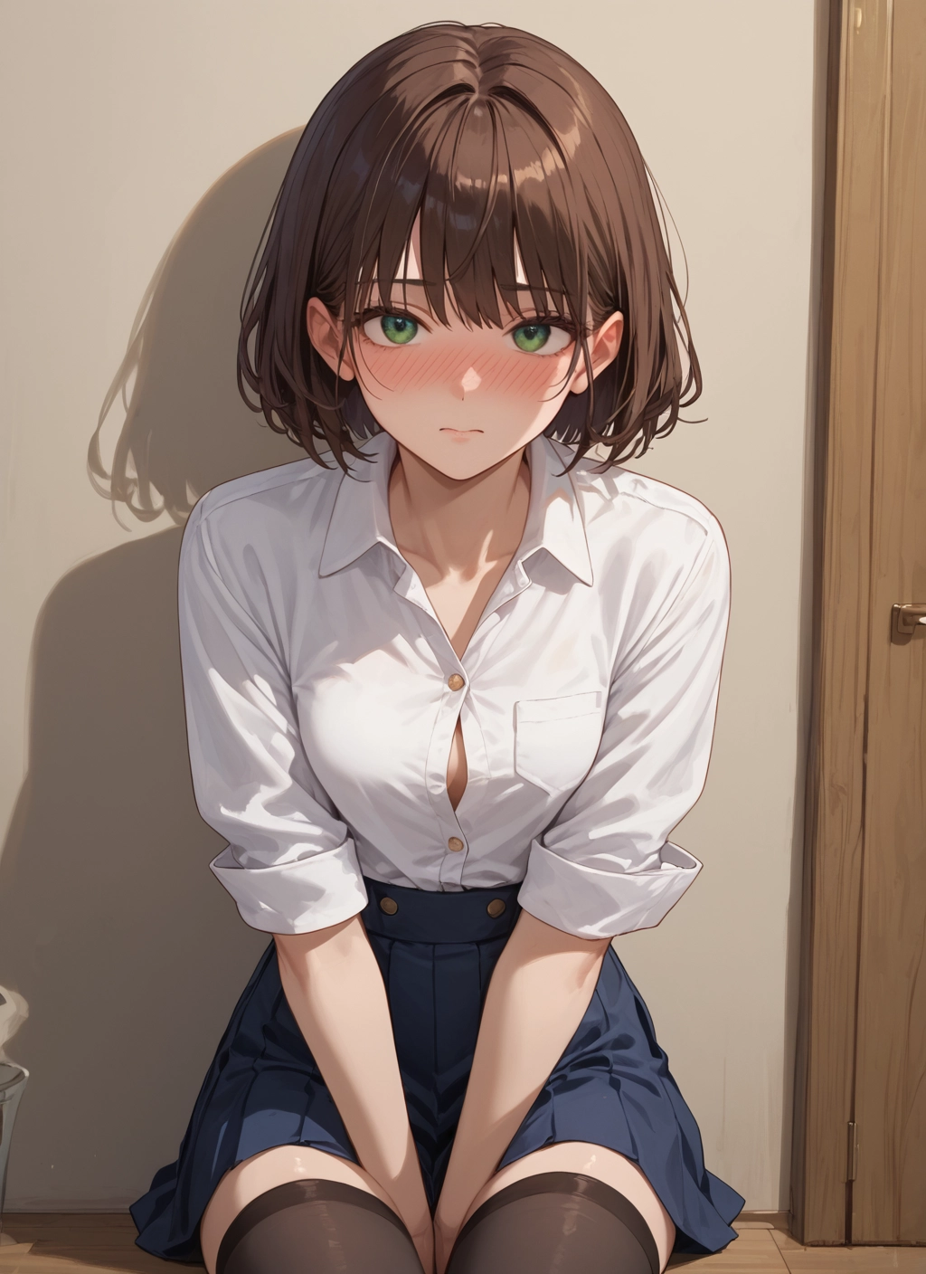 1girl, thighhighs, skirt, green eyes, blush, solo · Yamete.gg