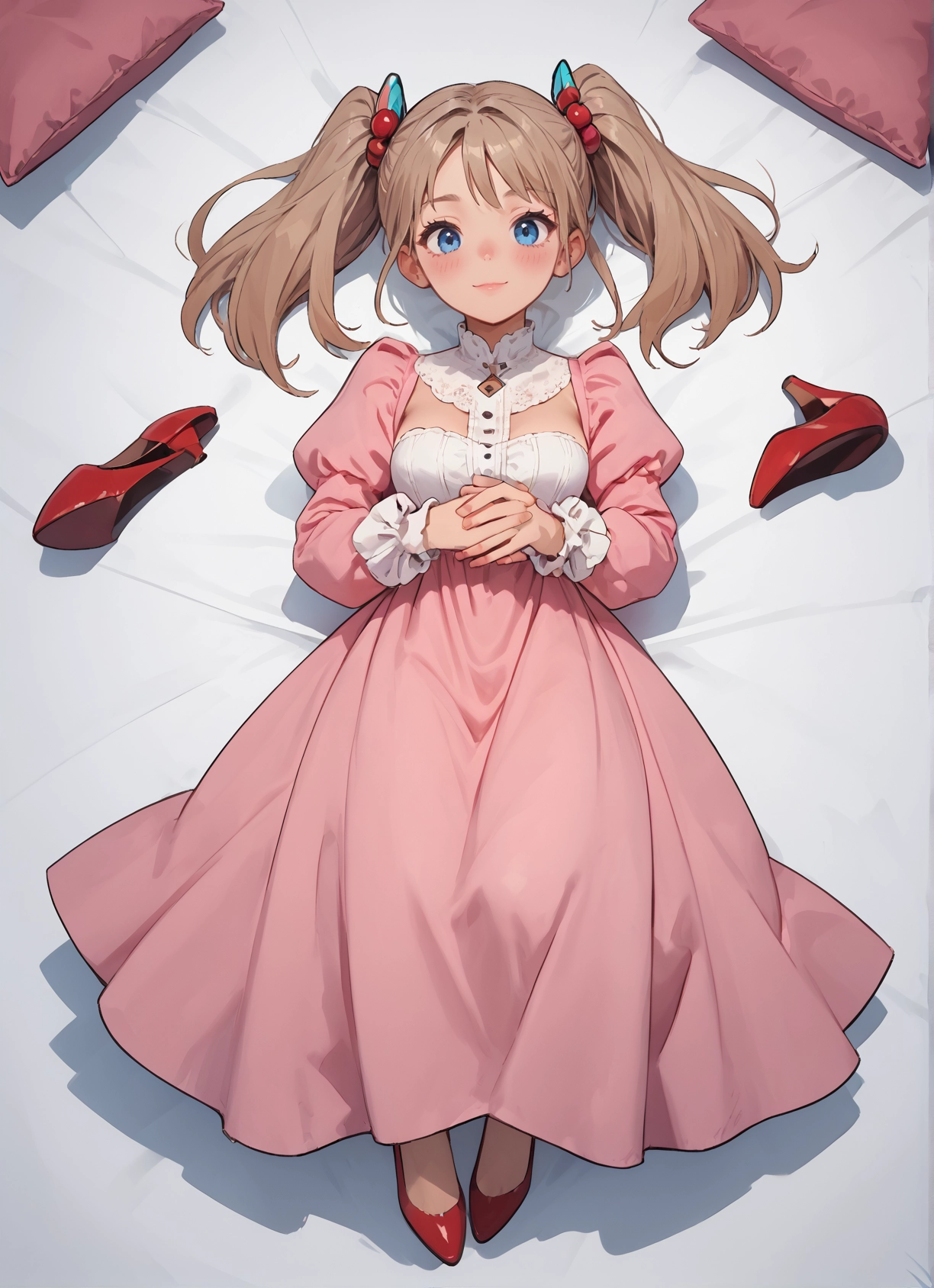 1girl, solo, blue eyes, twintails, dress, lying · Yamete.gg