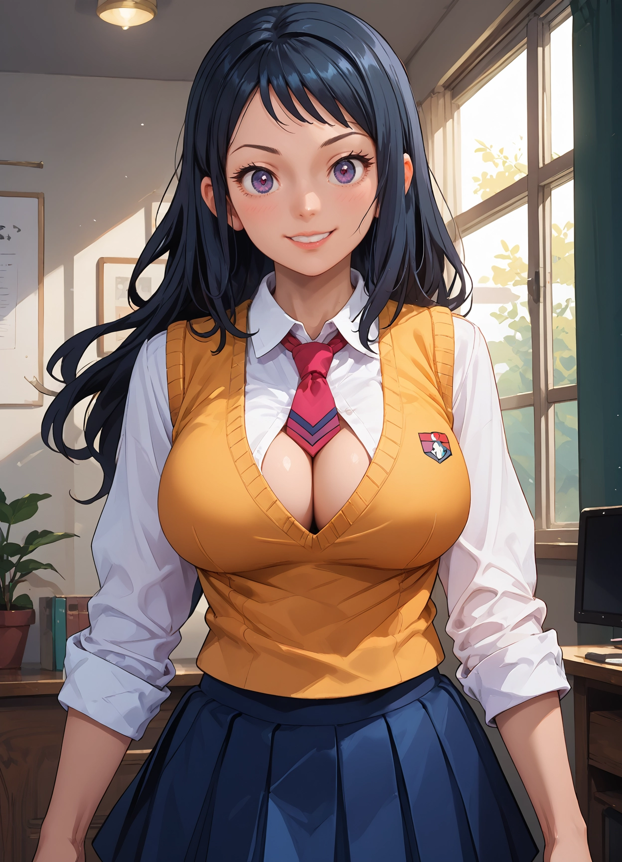 1girl, breasts, solo, large breasts, smile, skirt