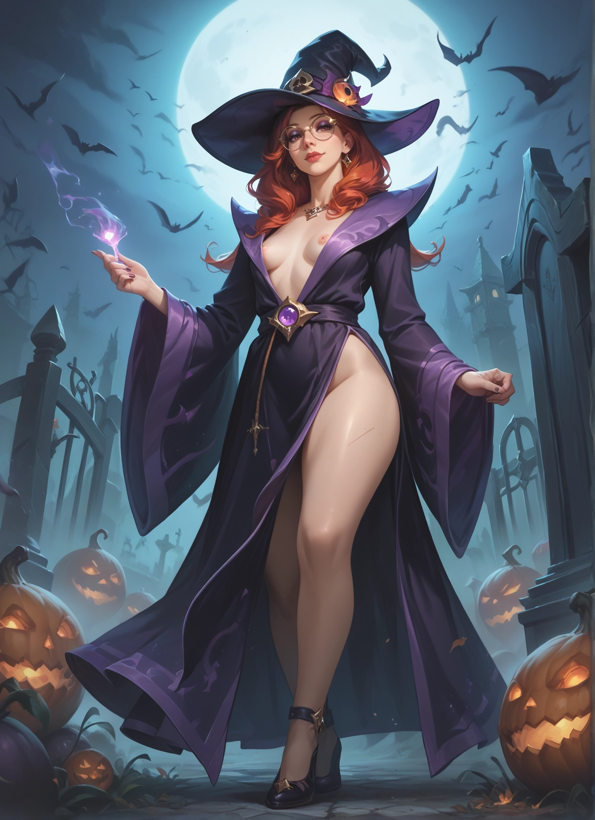 1girl, hat, breasts, witch hat, moon, nipples · Yamete.gg