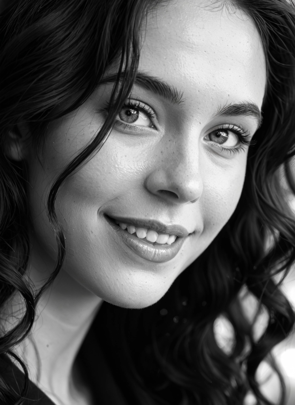 1girl, monochrome, greyscale, solo, smile, realistic · Yamete.gg