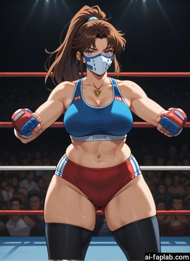 breasts, 1girl, thighhighs, brown hair, navel, ponytail