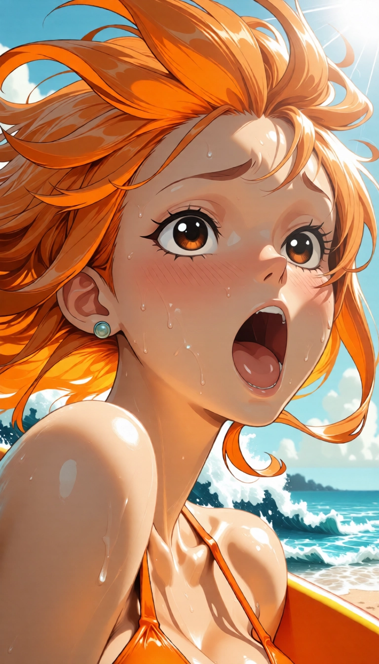 1girl, nami (one piece), solo, orange hair, open mouth, earrings