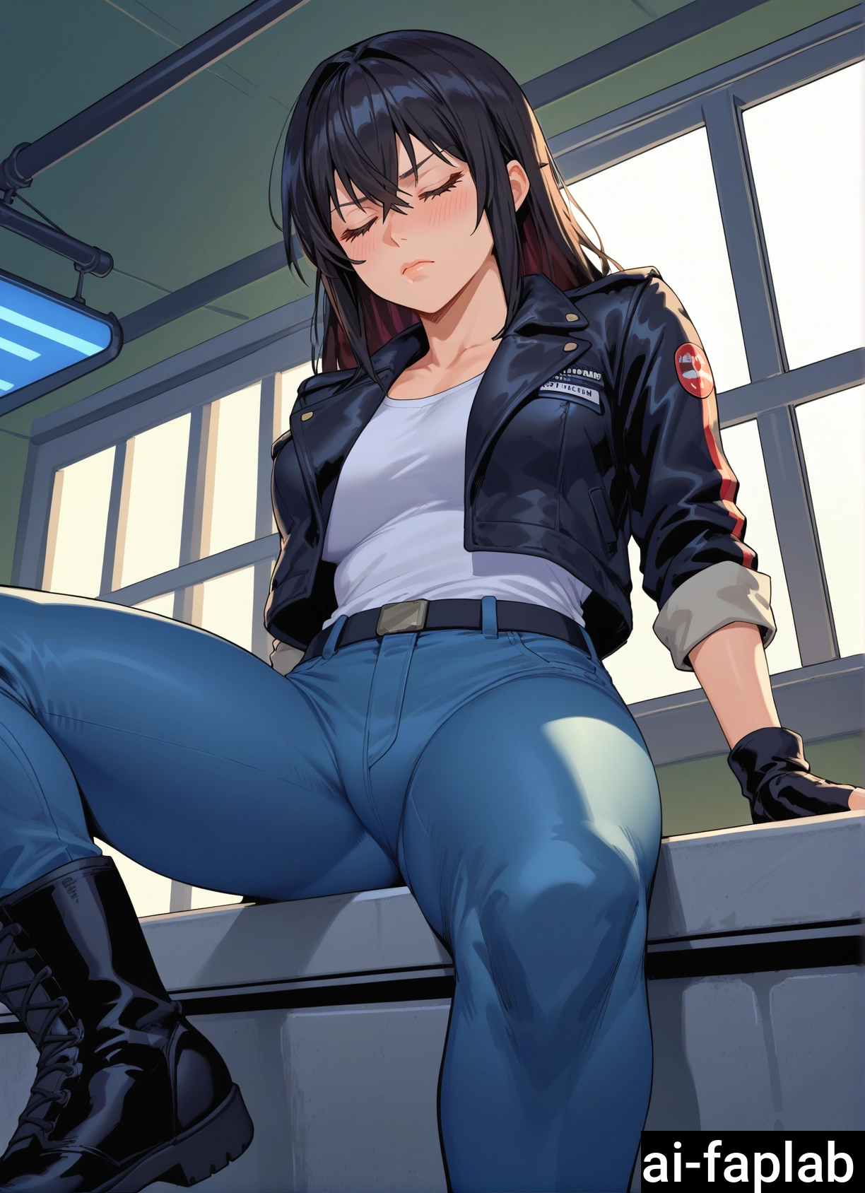 1girl, solo, black hair, closed eyes, pants, shirt · Yamete.gg