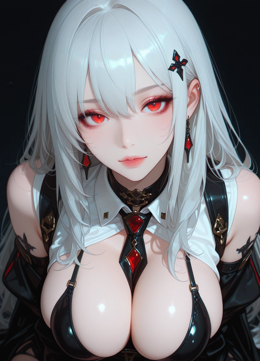 1girl, breasts, solo, red eyes, jewelry, between breasts