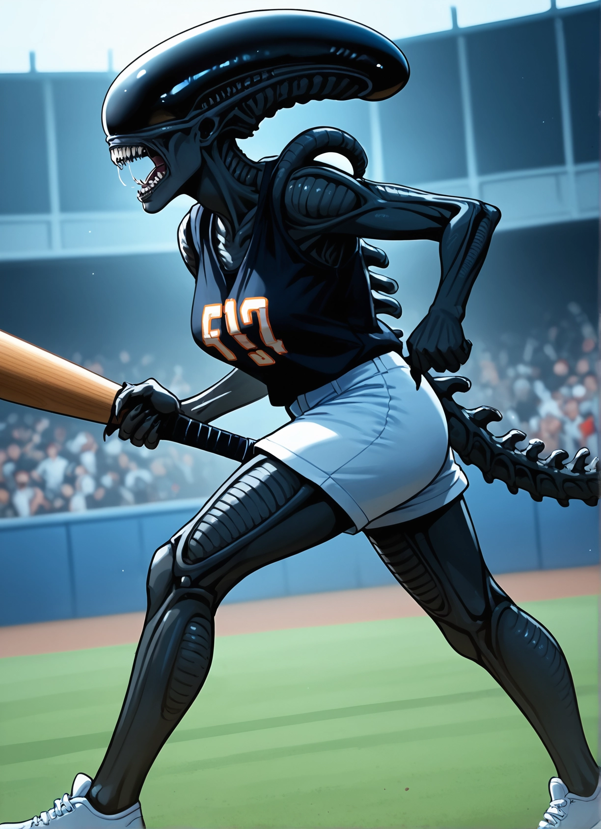 1girl, shorts, baseball bat, teeth, white shorts, sharp teeth · Yamete.gg