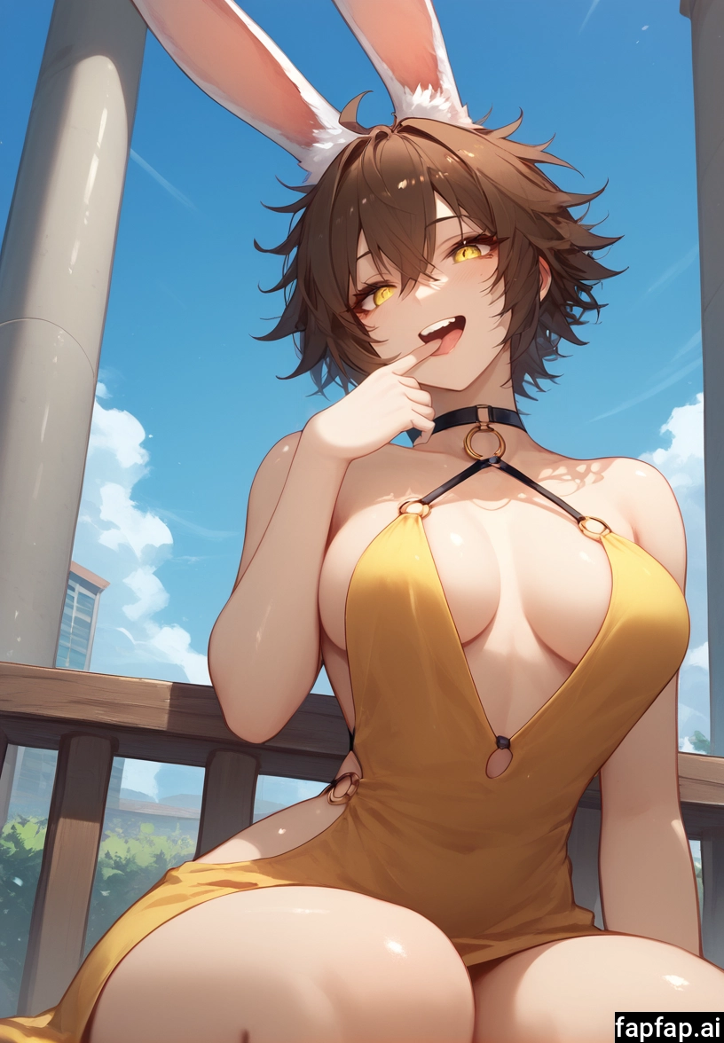 1girl, breasts, animal ears, solo, rabbit ears, brown hair · Yamete.gg