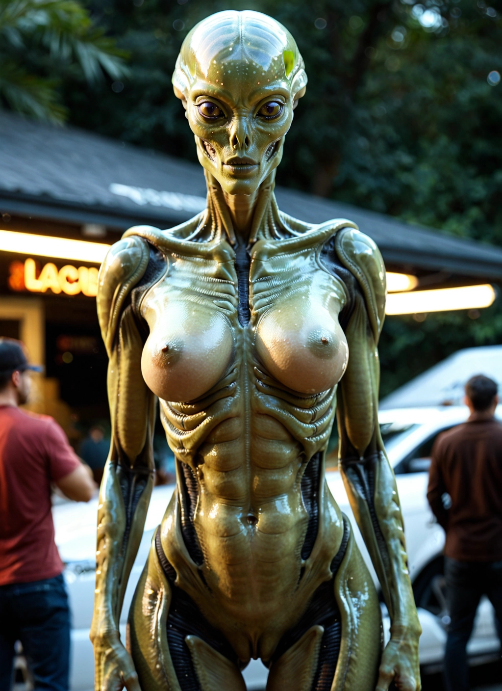 1girl, nipples, breasts, car, alien, ground vehicle · Yamete.gg