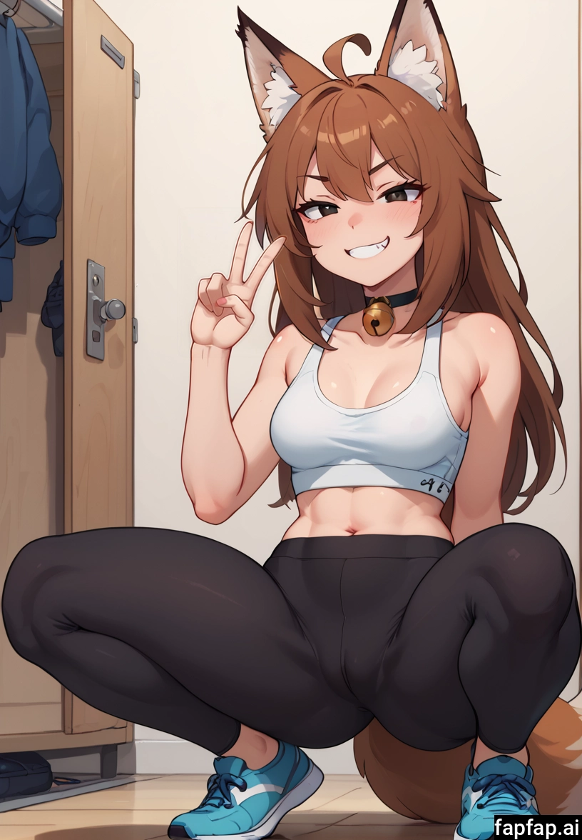 1girl, brown hair, breasts, animal ears, smile, squatting · Yamete.gg
