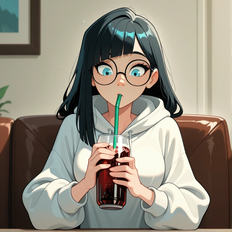 1girl, solo, glasses, blue eyes, hood, hoodie