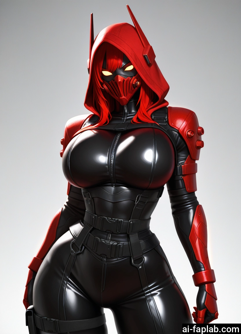 1girl, breasts, bodysuit, hood, red hair, solo