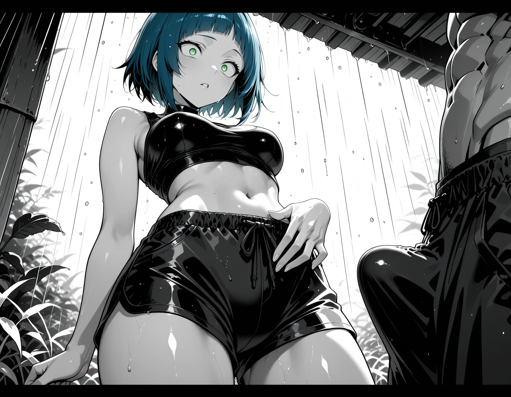 green eyes, rain, short hair, 1girl, shorts, breasts · Yamete.gg