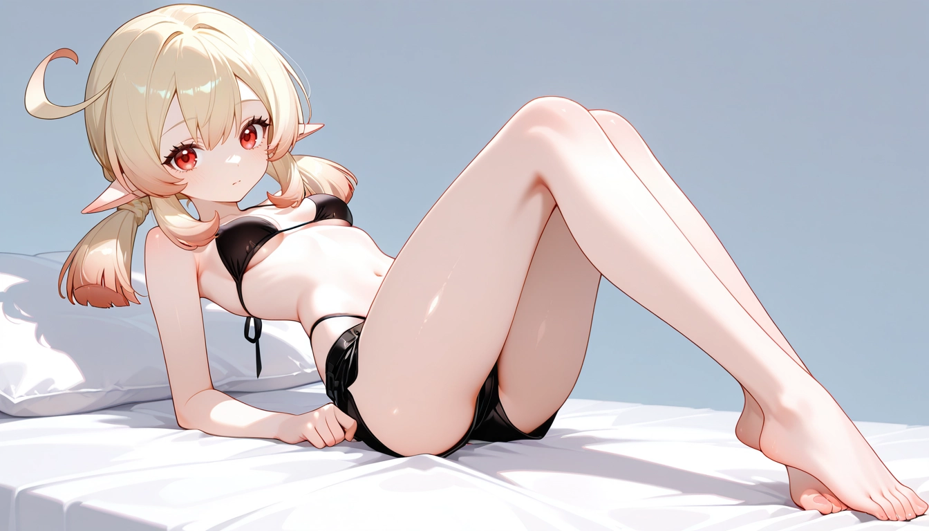 1girl, solo, barefoot, breasts, red eyes, pointy ears · Yamete.gg