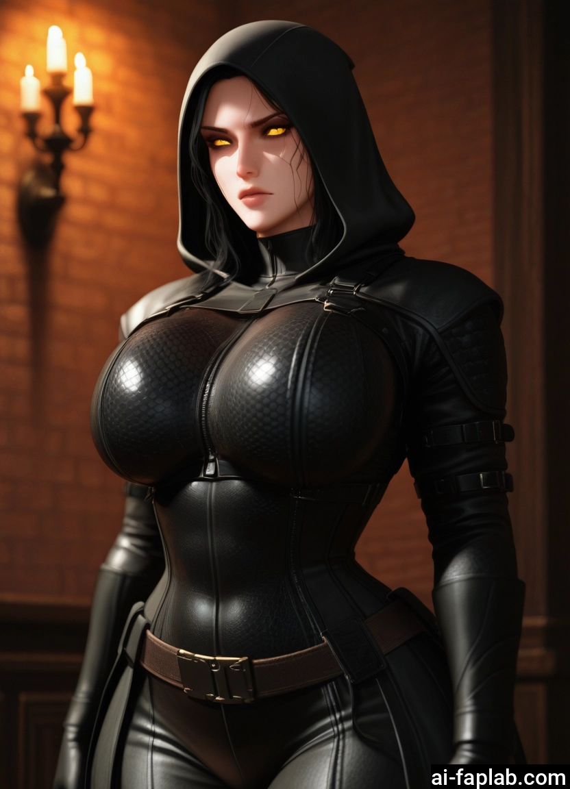 1girl, breasts, bodysuit, hood, yellow eyes, solo · Yamete.gg