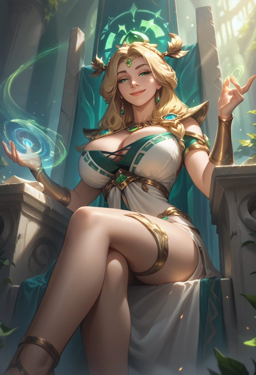 breasts, 1girl, blonde hair, crossed legs, sitting, green eyes · Yamete.gg