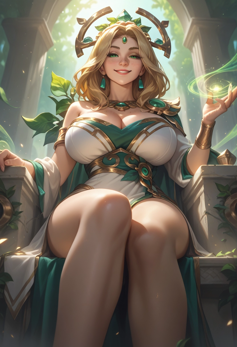 1girl, breasts, jewelry, blonde hair, sitting, smile · Yamete.gg
