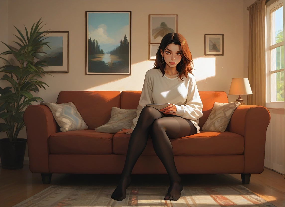1girl, pantyhose, sitting, solo, couch, plant · Yamete.gg