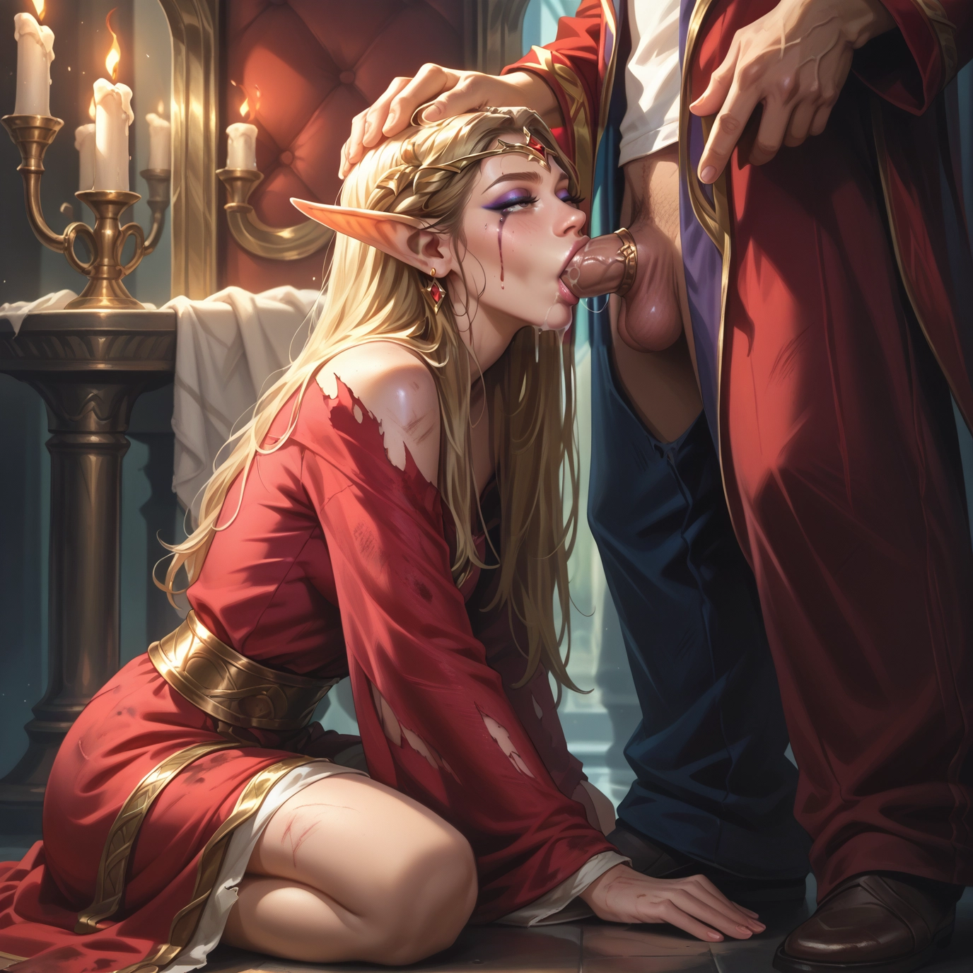 penis, pointy ears, oral, fellatio, 1girl, blonde hair · Yamete.gg