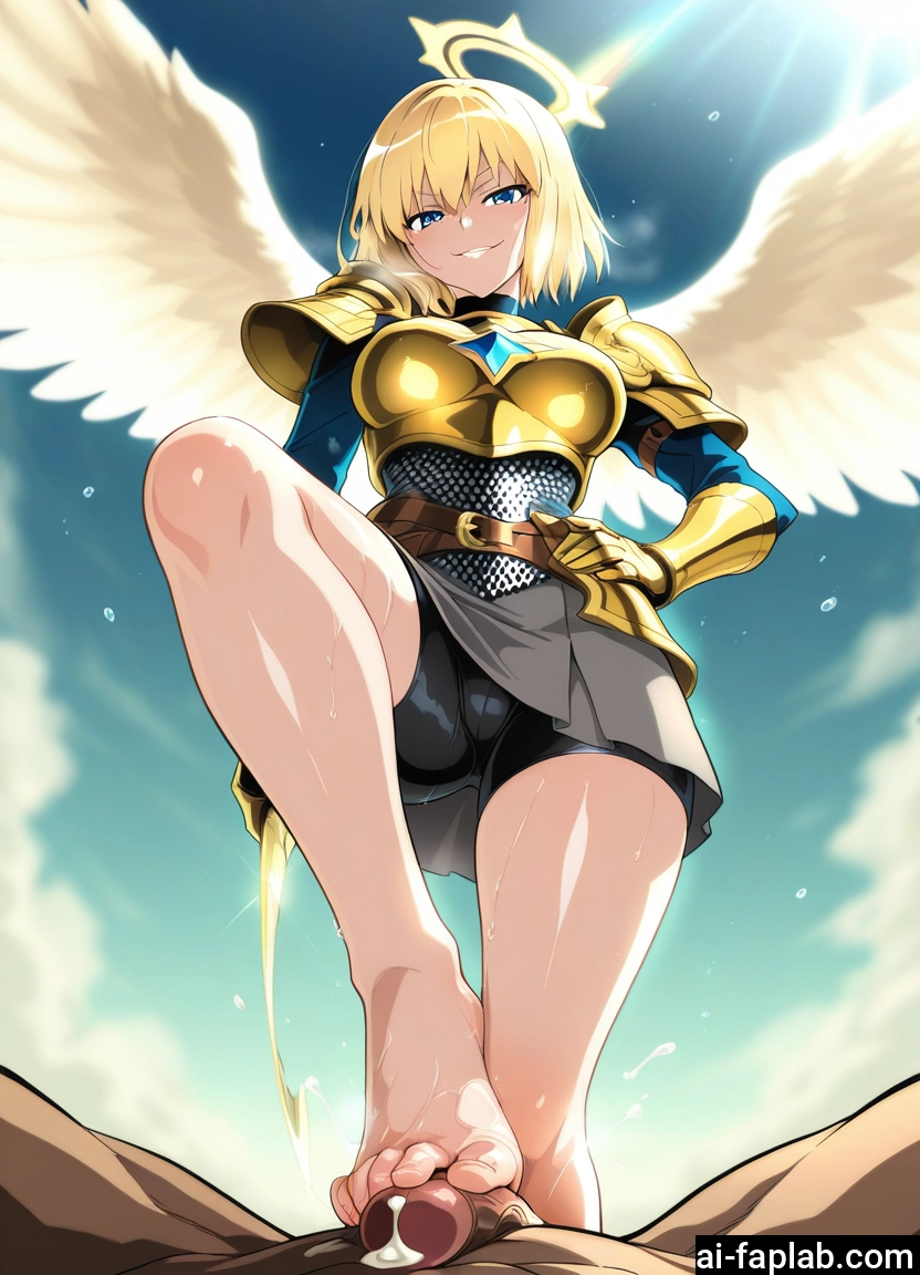 1girl, penis, wings, blonde hair, hetero, footjob