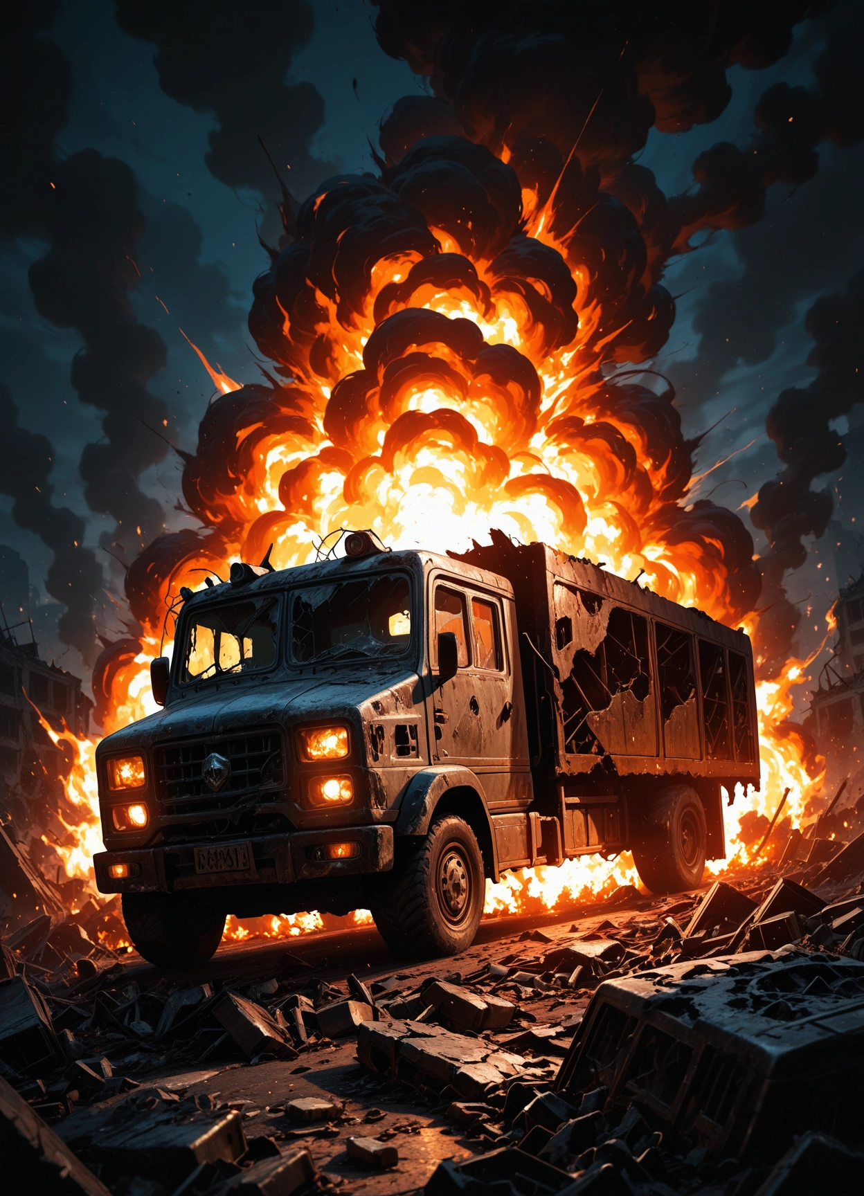 explosion, ground vehicle, motor vehicle, no humans, fire, ruins