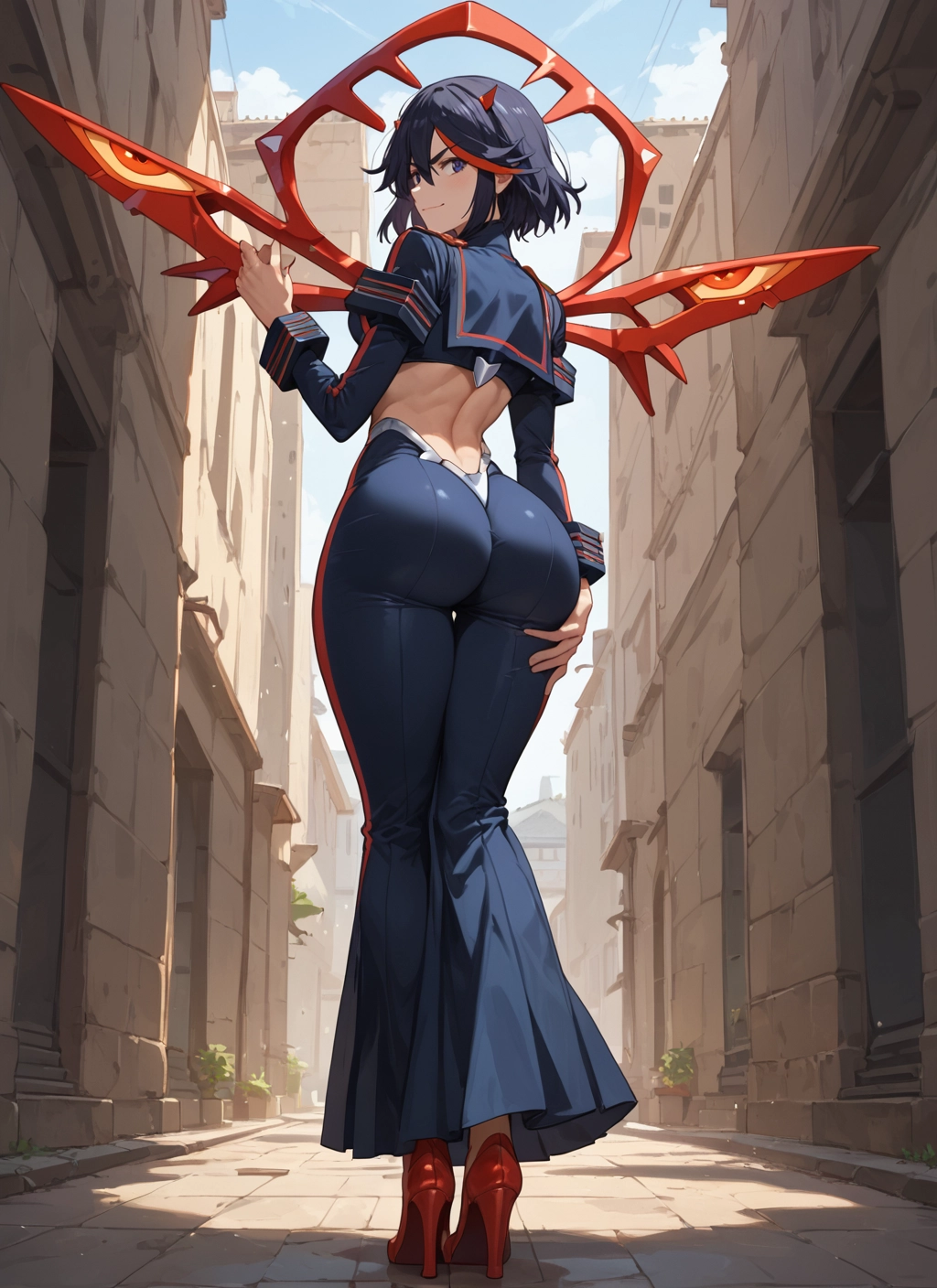 1girl, ass, high heels, solo, black hair, multicolored hair