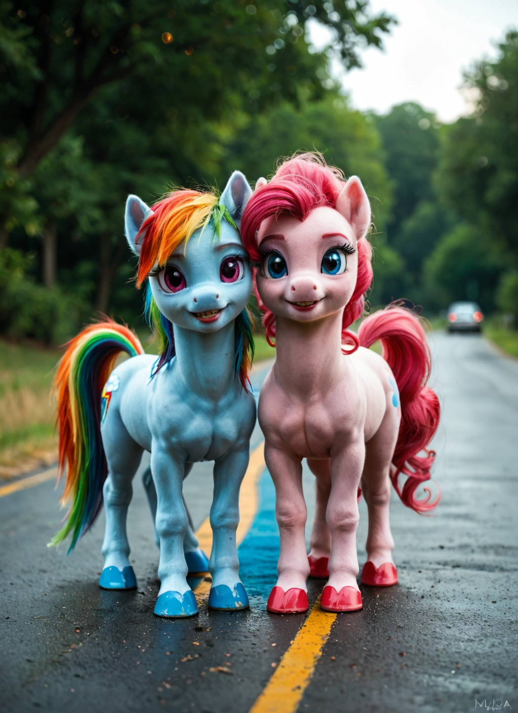 no humans, blue eyes, cutie mark, horse, smile, road