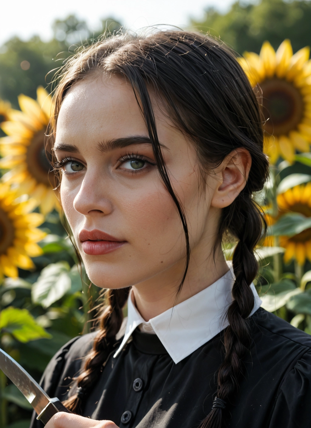 1girl, flower, solo, sunflower, braid, knife · Yamete.gg