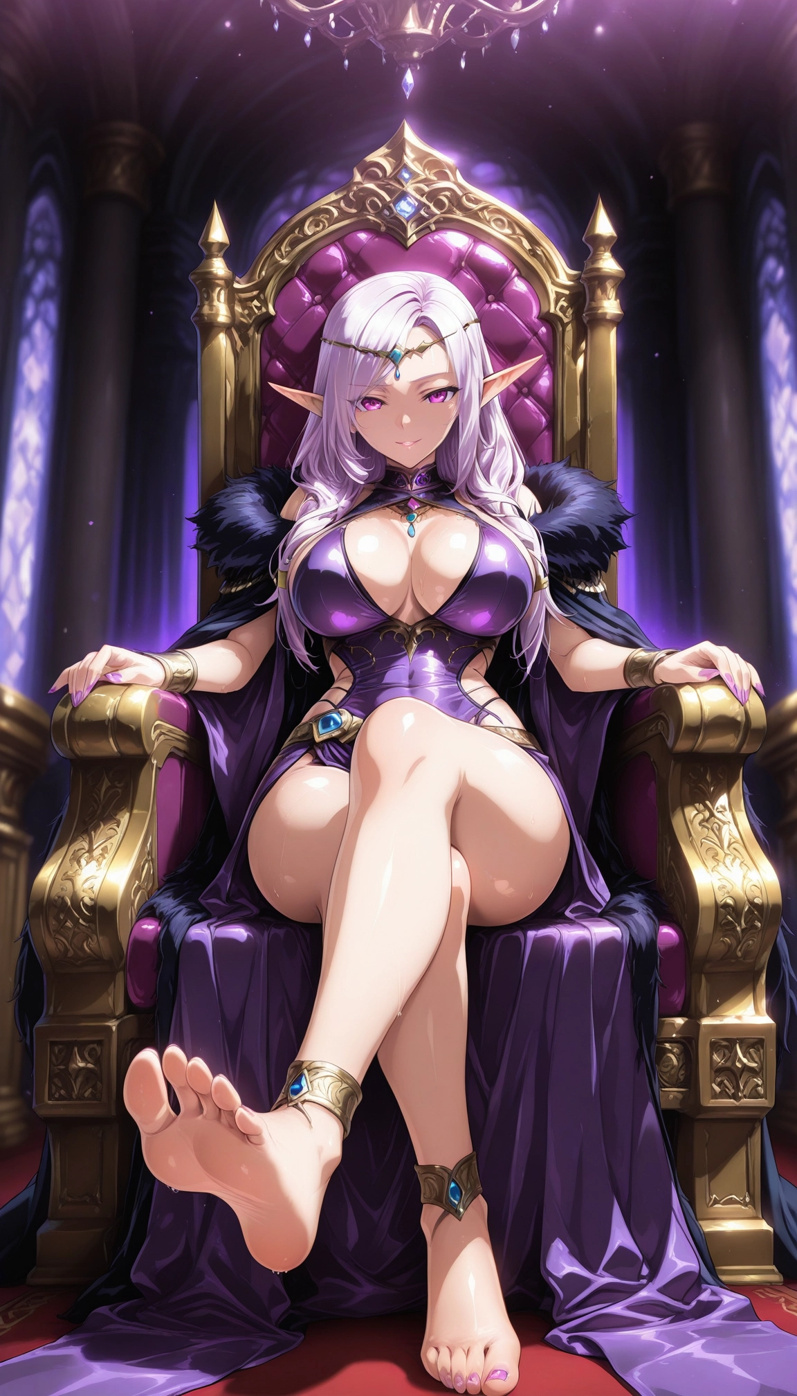 1girl, breasts, feet, pointy ears, throne, barefoot · Yamete.gg