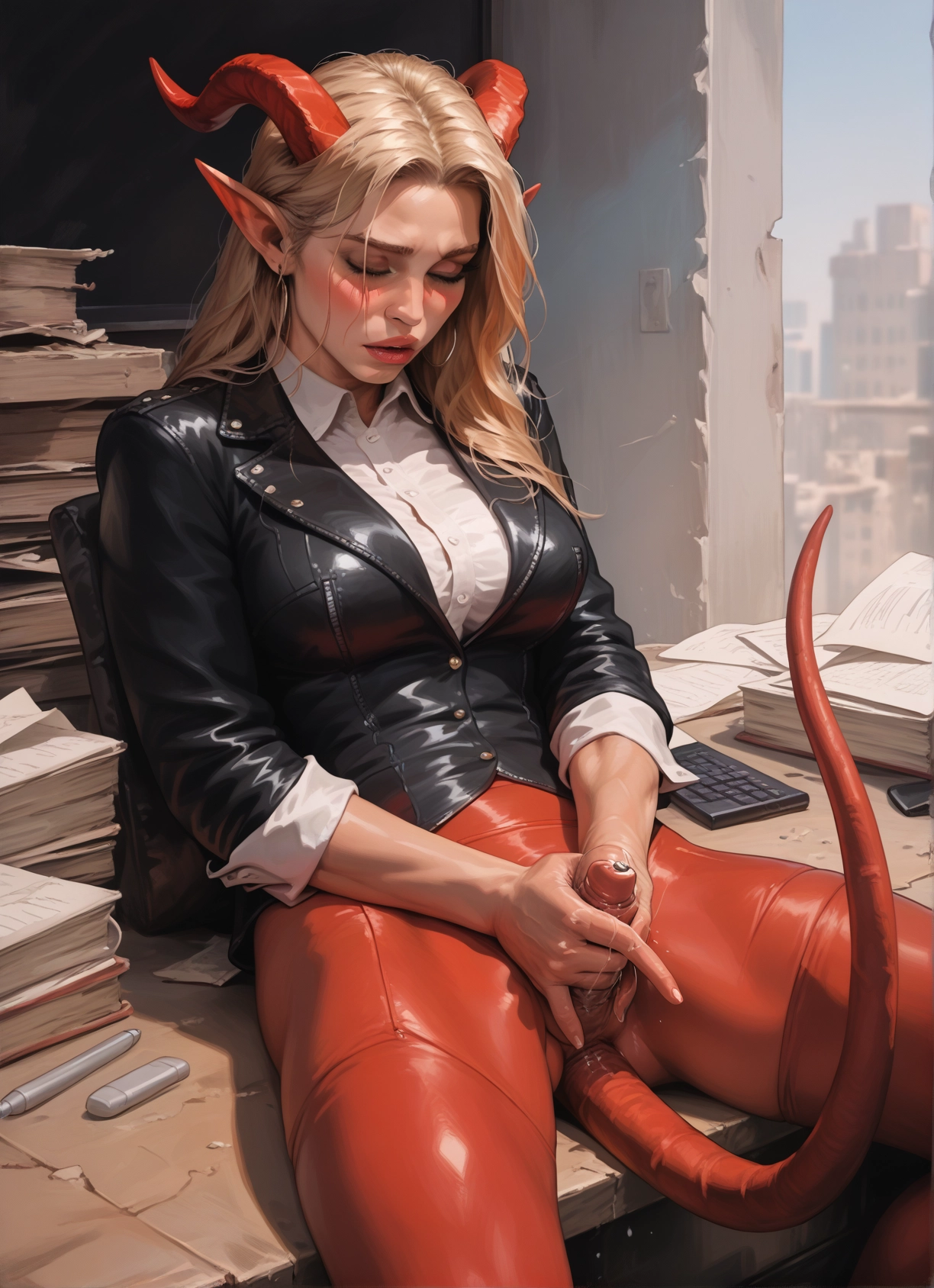 futanari, 1girl, horns, tail, solo, pointy ears · Yamete.gg