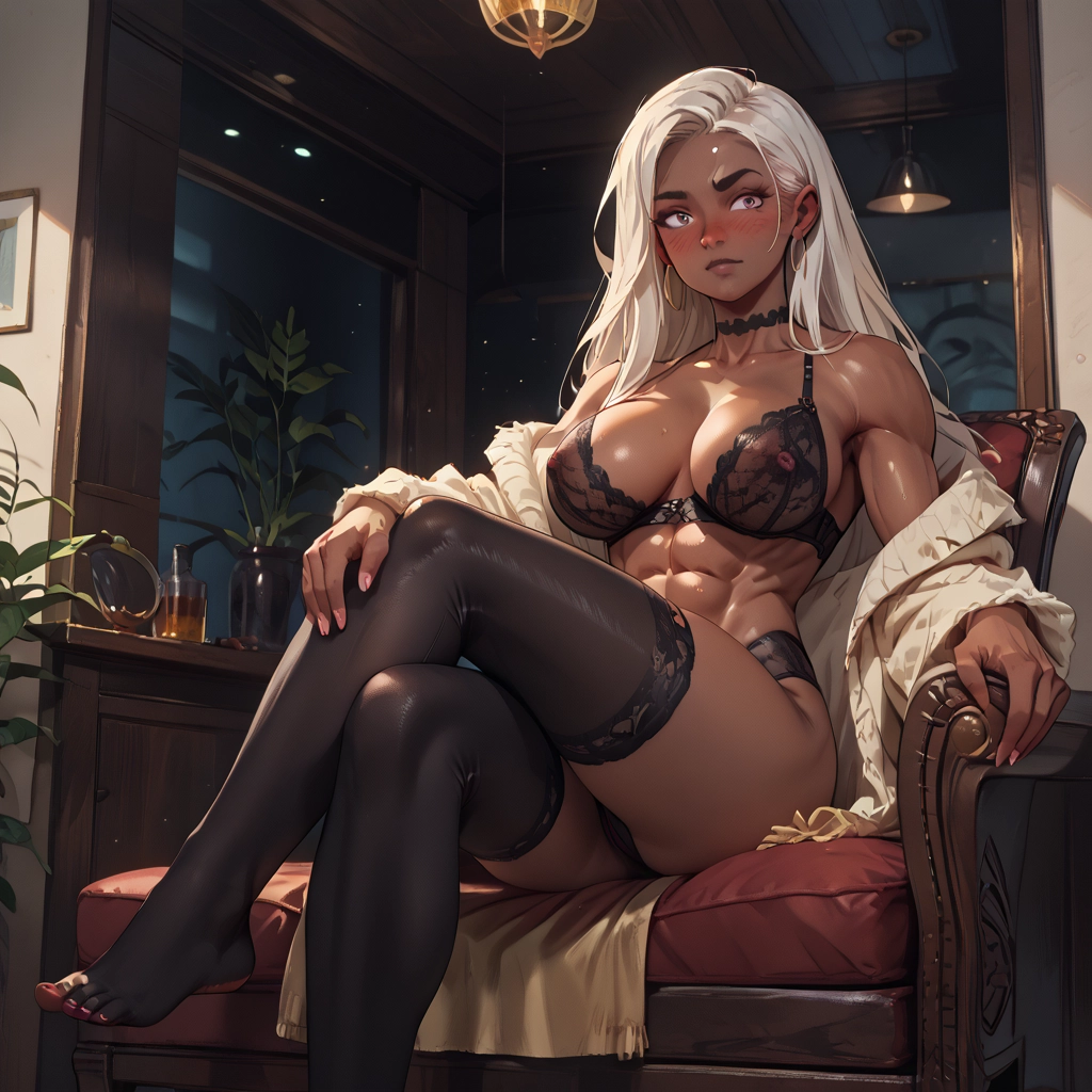 1girl, underwear, thighhighs, breasts, bra, dark skin · Yamete.gg