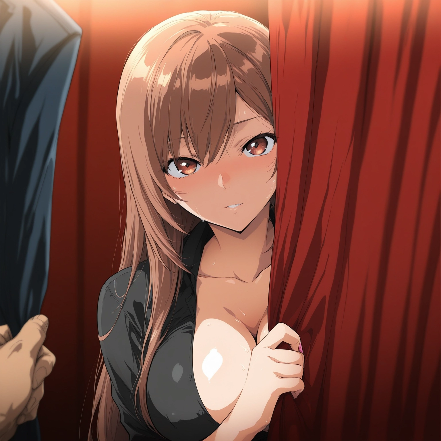 1girl, breasts, brown hair, long hair, large breasts, curtains · Yamete.gg