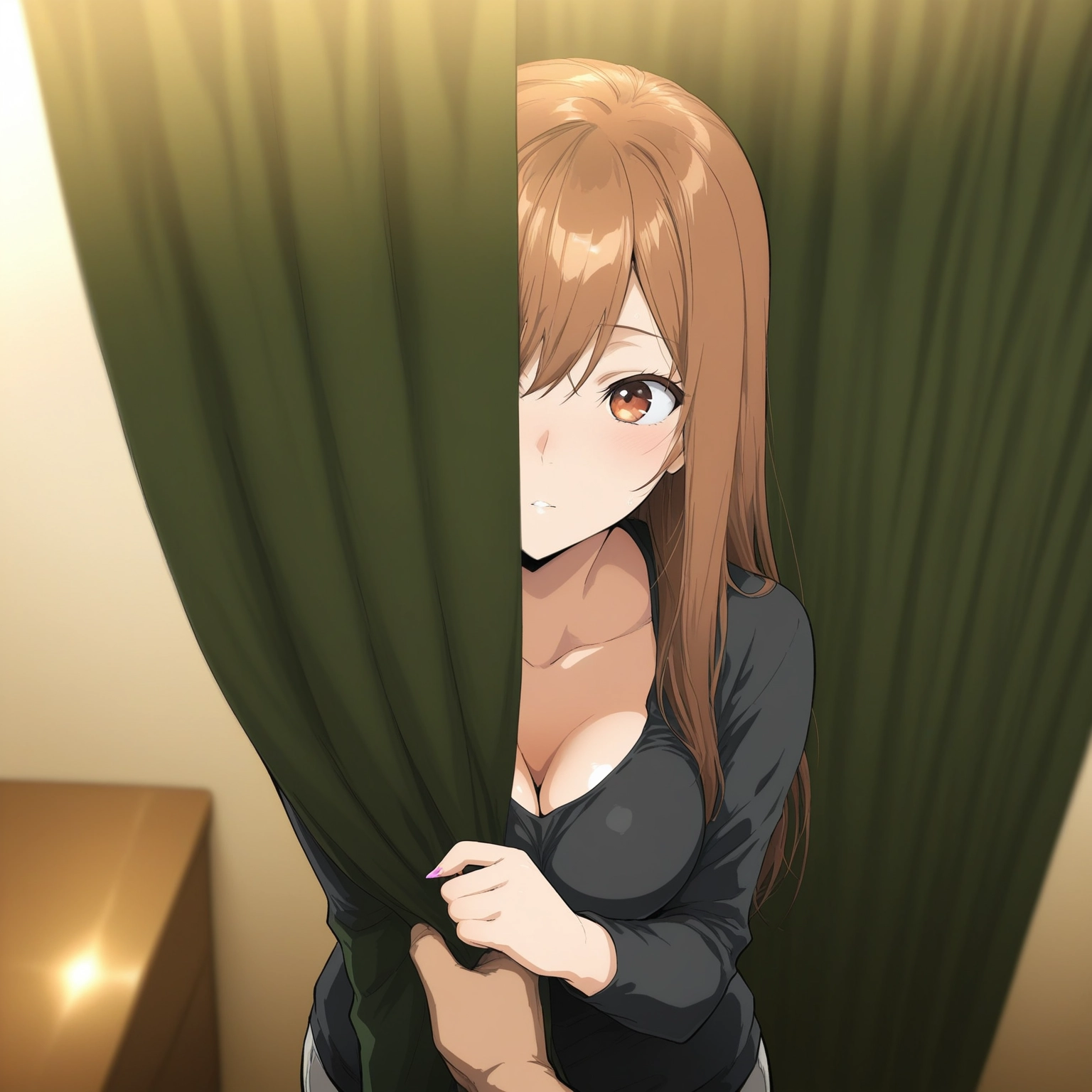 1girl, breasts, brown hair, curtains, cleavage, long hair · Yamete.gg
