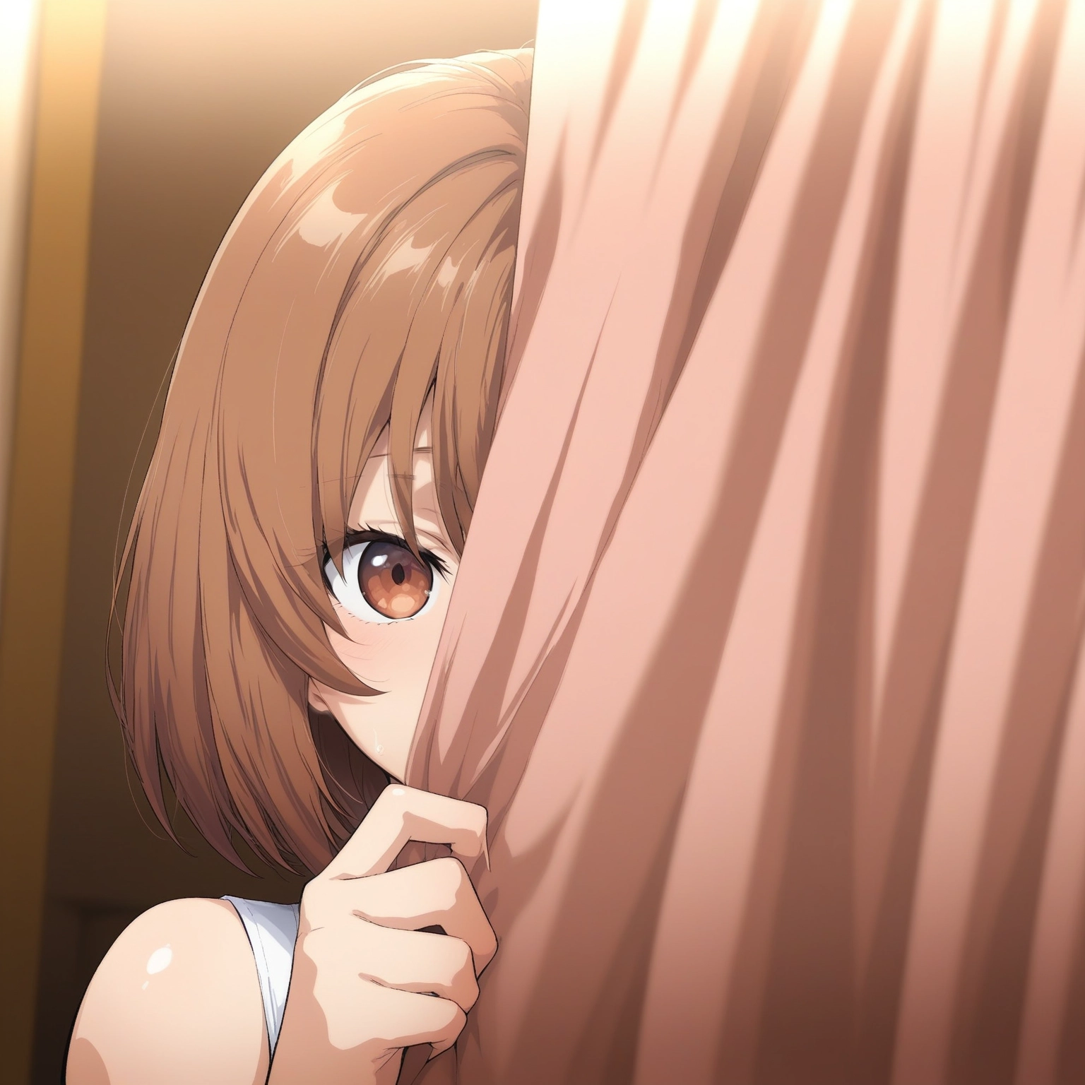 1girl, brown hair, solo, brown eyes, curtains, looking at viewer · Yamete.gg