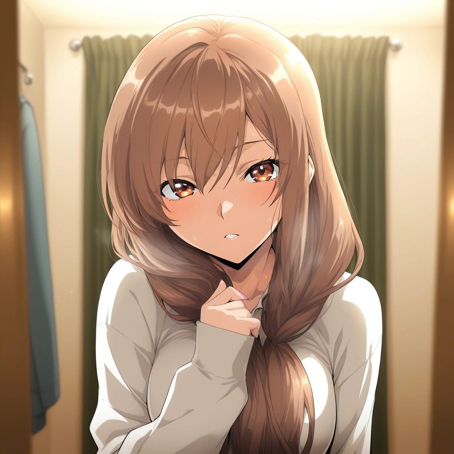 1girl, brown hair, solo, looking at viewer, long hair, hair over shoulder · Yamete.gg