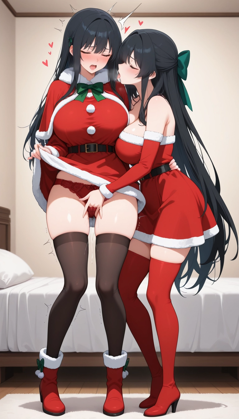 multiple girls, 2girls, red dress, thighhighs, closed eyes, red footwear