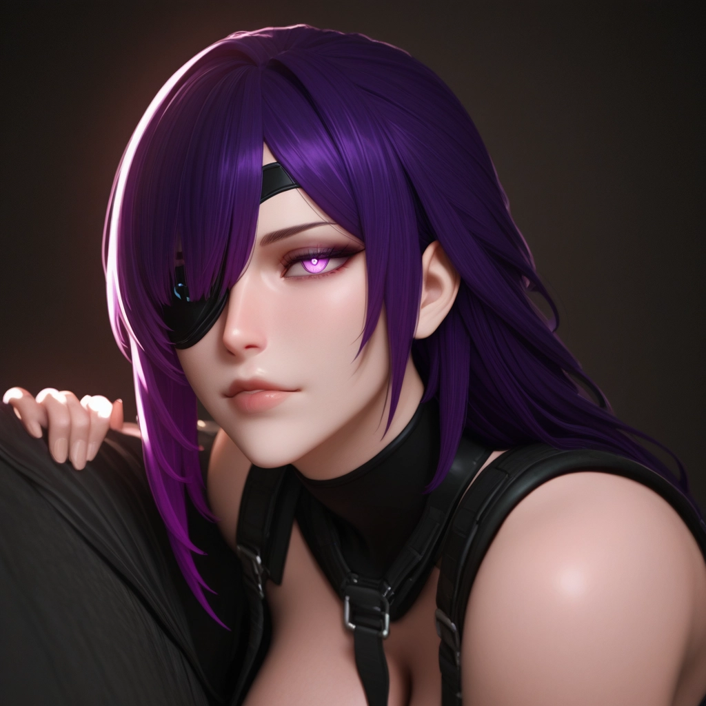 1girl, eyepatch, purple hair, breasts, purple eyes, cleavage