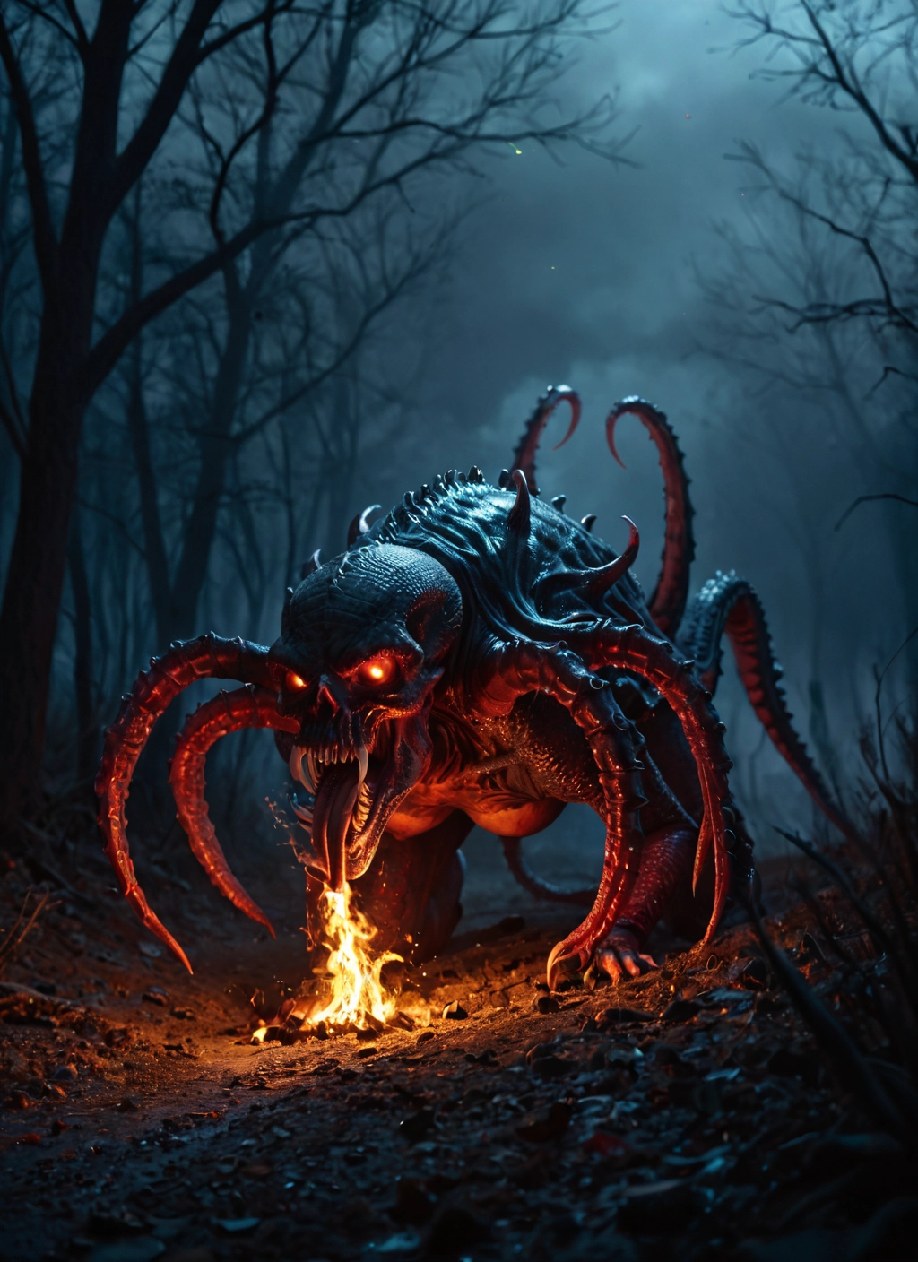 no humans, fire, tree, glowing, monster, teeth · Yamete.gg