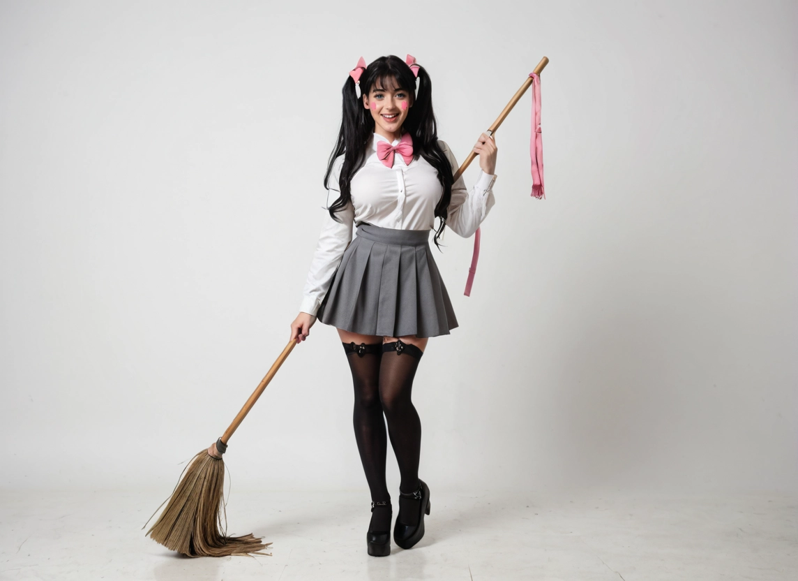 1girl, thighhighs, solo, skirt, broom, twintails · Yamete.gg