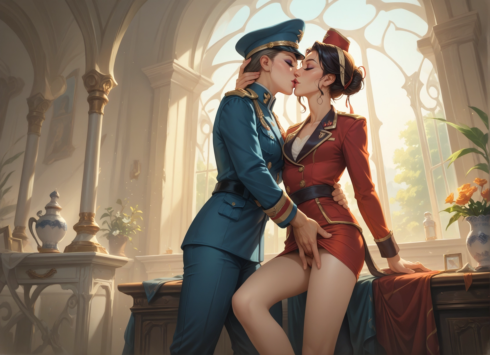 yuri, multiple girls, kiss, hat, uniform, 2girls · Yamete.gg