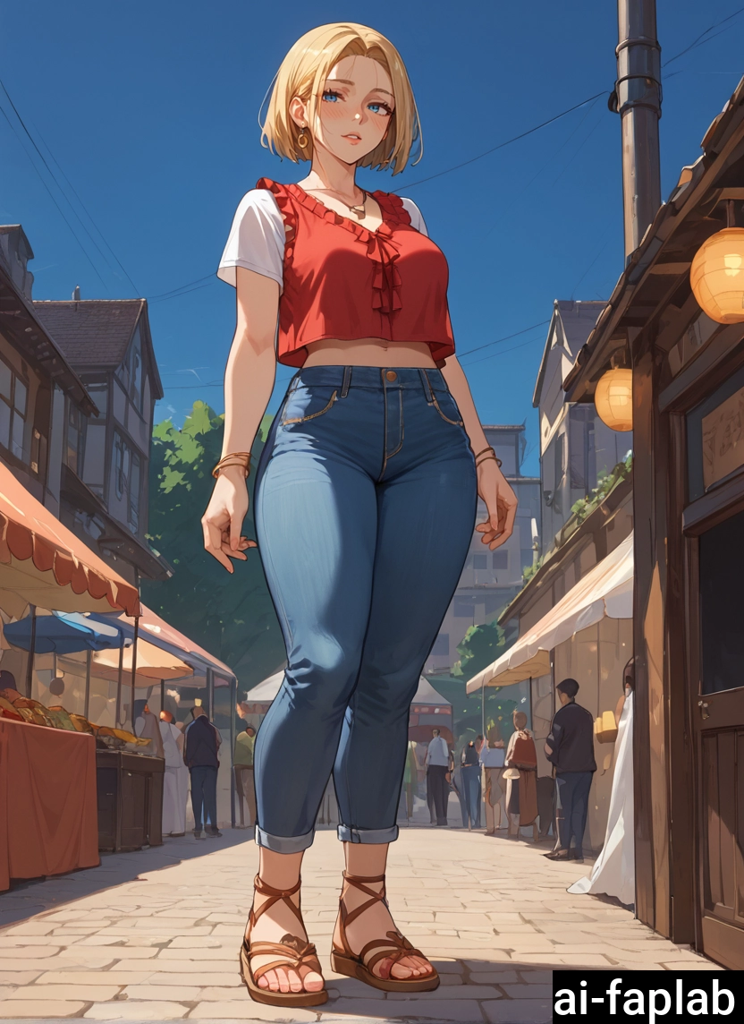 jewelry, android 18, outdoors, blue eyes, blonde hair, pants