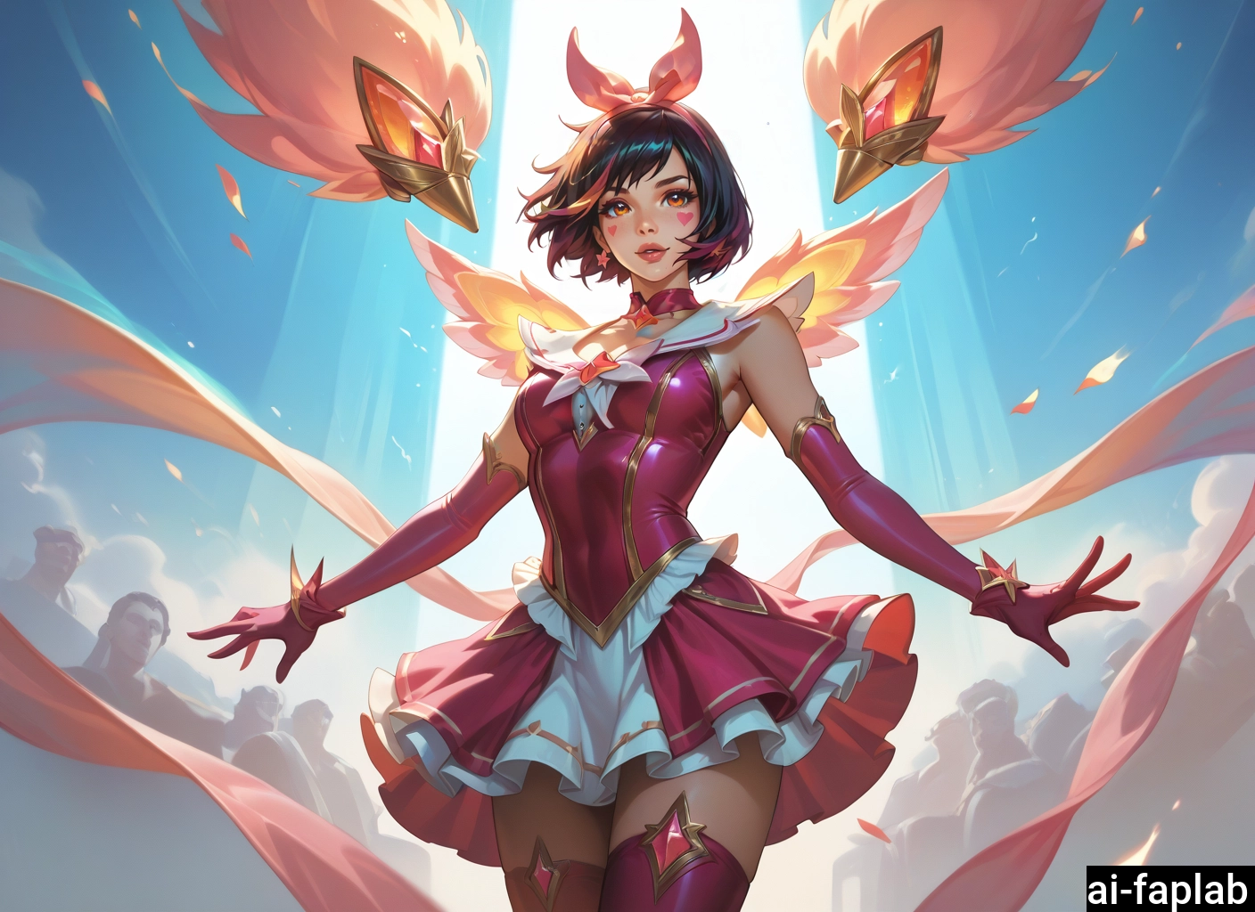 1girl, gloves, elbow gloves, thighhighs, short hair, black hair · Yamete.gg