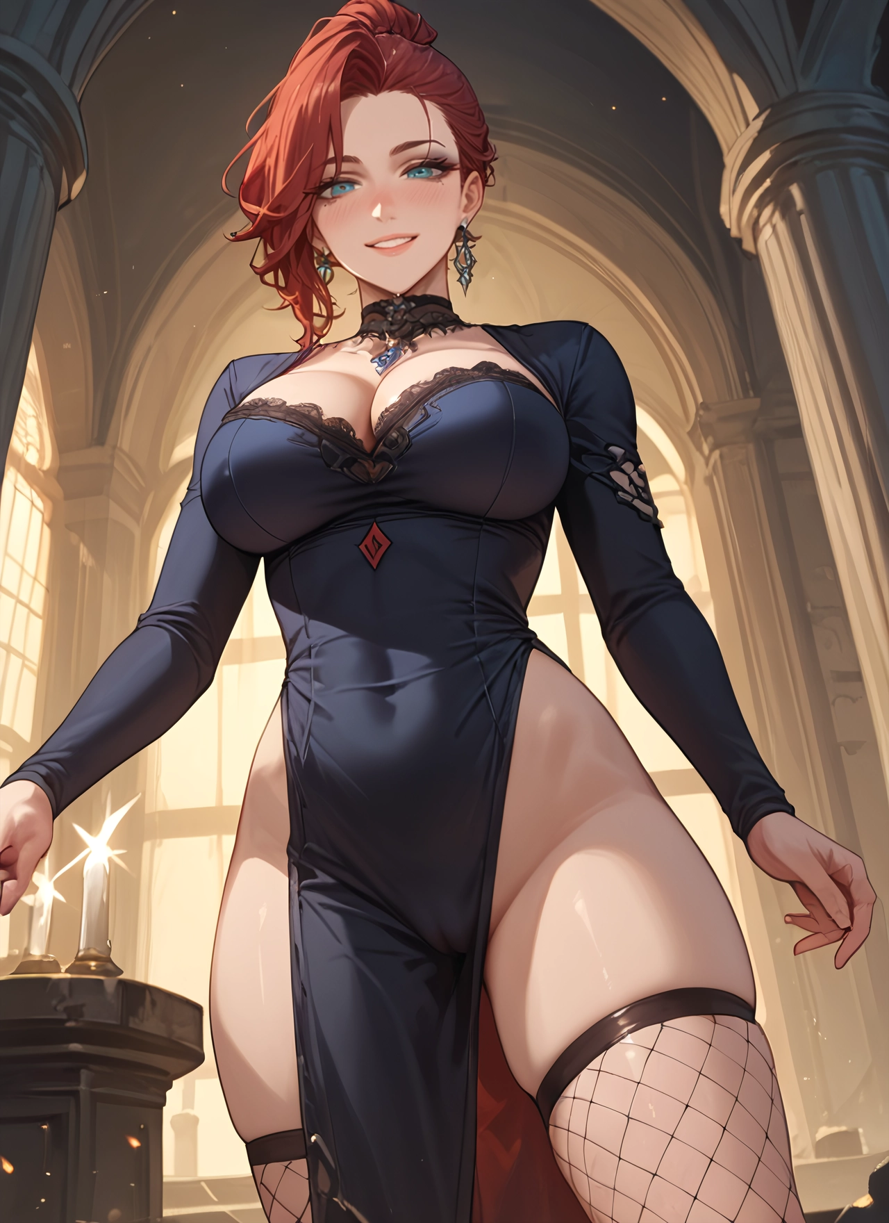 1girl, breasts, jewelry, earrings, fishnets, large breasts · Yamete.gg